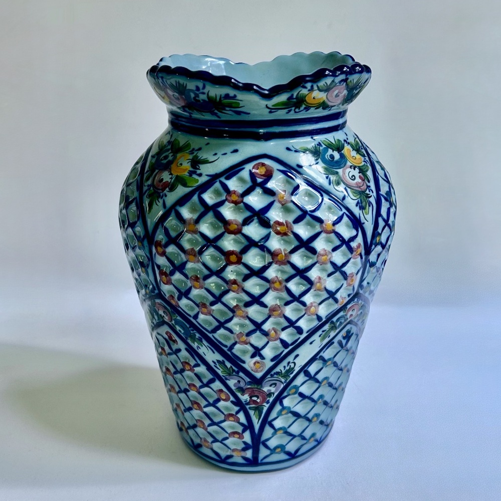 Tall P. L. Valado Alcobaca Portugal Blue Hand Painted Faience Vase, Circa 1950